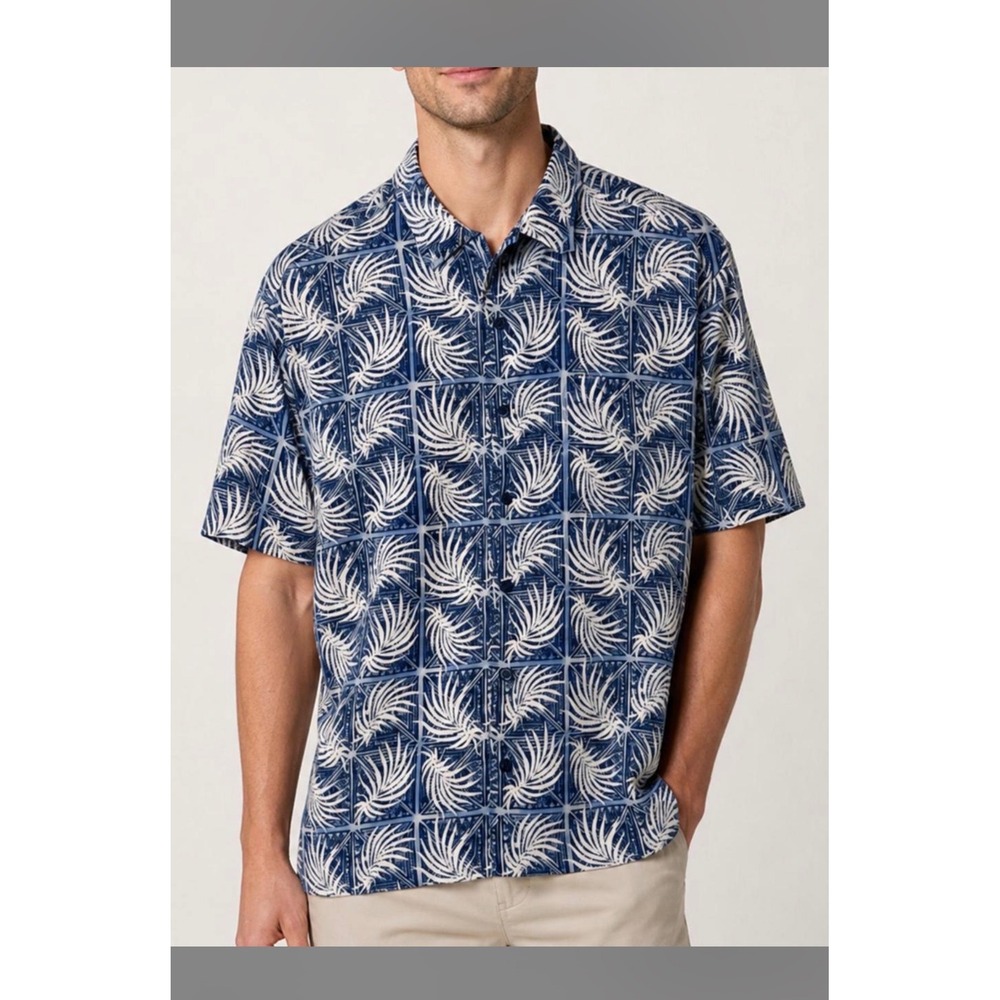 Nat Nast Button Up Shirt Mens Medium Blue Silk Cotton Palm Print Camp Luxury
